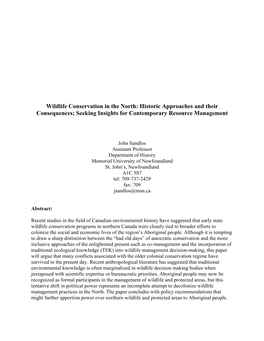 Wildlife Conservation in the North: Historic Approaches and Their Consequences; Seeking Insights for Contemporary Resource Management