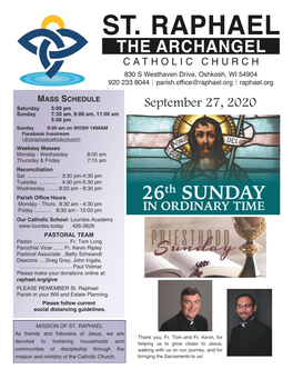 September 27, 2020 Sunday 7:30 Am, 9:00 Am, 11:00 Am 5:00 Pm