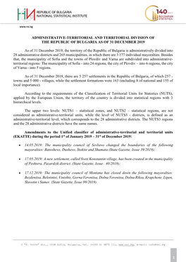 Administrative-Territorial and Territorial Division of the Republic of Bulgaria As of 31 December 2019