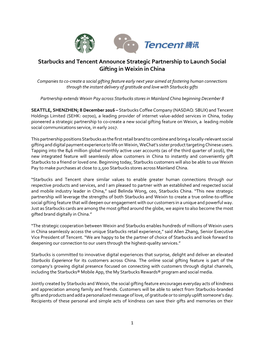 Starbucks and Tencent Announce Strategic Partnership to Launch Social Gifting in Weixin in China