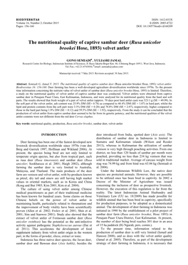 The Nutritional Quality of Captive Sambar Deer (Rusa Unicolor Brookei Hose, 1893) Velvet Antler