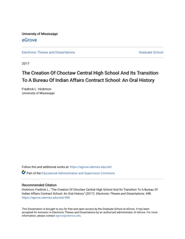The Creation of Choctaw Central High School and Its Transition to a Bureau of Indian Affairs Contract School: an Oral History