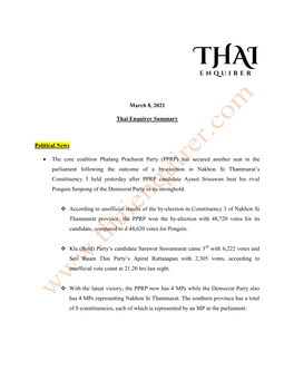 March 8, 2021 Thai Enquirer Summary Political News • the Core