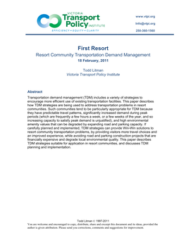 First Resort: Resort Community Transportation Demand Management Victoria Transport Policy Institute