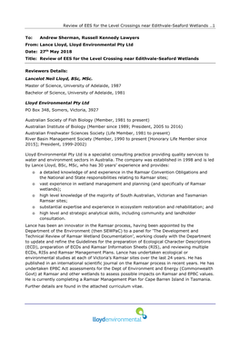 Lance Lloyd, Lloyd Environmental Pty Ltd Date: 27Th May 2018 Title: Review of EES for the Level Crossing Near Edithvale-Seaford Wetlands