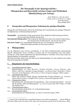 Die Stenografie in Der Sprachgeschichte – Plansprachen Und Kurzschrift Zwischen Utopie Und Wirklichkeit (Handreichung Zum Vortrag)