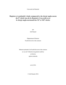 Étude Comparative Du Clergé Anglo-Saxon Du Xe Siècle Issu De La Regularis Concordia Avec Le Clergé Anglo-Normand Des Xie Et Xiie Siècles