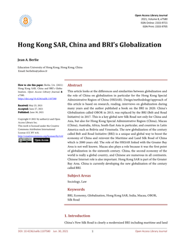 Hong Kong SAR, China and BRI's Globalization