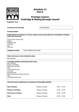 Schedule 12 Part a Premises Licence Tonbridge & Malling Borough Council