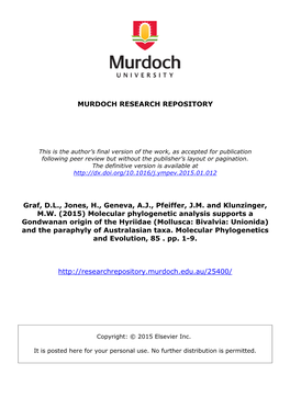 Molecular Phylogenetic Analysis Supports a Gondwanan Origin of the Hyriidae (Mollusca: Bivalvia: Unionida) and the Paraphyly of Australasian Taxa