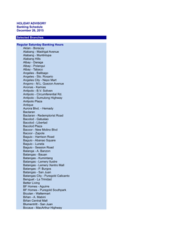 HOLIDAY ADVISORY Banking Schedule December 26, 2015