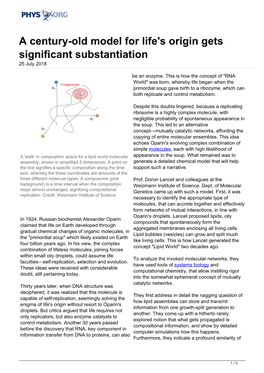 A Century-Old Model for Life's Origin Gets Significant Substantiation 25 July 2018