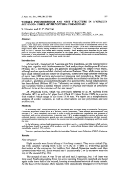 Worker Polymorphism and Nest Structure in Myrmecia Brevznoda Forel (Hymenoptera: Formicidae) S