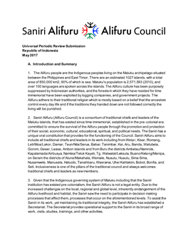 Universal Periodic Review Submission Republic of Indonesia May 2017 A. Introduction and Summary 1. the Alifuru People Are