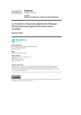La Réception Critique Des Adaptations Filmiques D'henry Bernstein Après