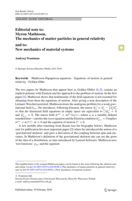 Myron Mathisson, the Mechanics of Matter Particles in General Relativity and To: New Mechanics of Material Systems