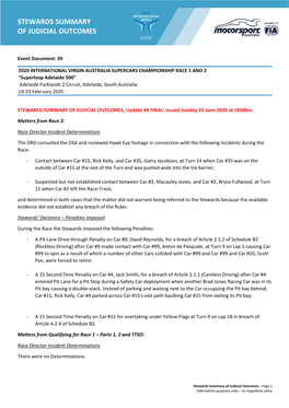 Stewards Summary of Judicial Outcomes