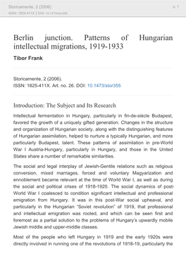 Berlin Junction. Patterns of Hungarian Intellectual Migrations, 1919-1933 Tibor Frank