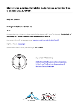 Statistička Analiza Hrvatske Košarkaške Premijer Lige U Sezoni 2018./2019