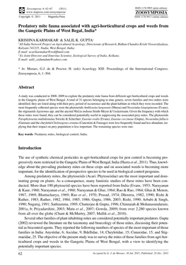 Predatory Mite Fauna Associated with Agri-Horticultural Crops and Weeds from the Gangetic Plains of West Begal, India*