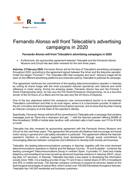 Fernando Alonso Will Front Telecable's Advertising Campaigns in 2020