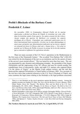 Preble's Blockade of the Barbary Coast Frederick C. Leiner