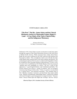 The Rev. James Settee and the Church Missionary Society in Nineteenth-Century Rupert’S Land – a Case Study of the Native Church Policy and the Indigenous Missionary