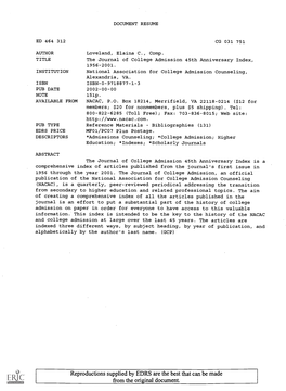 The Journal of College Admission 45Th Anniversary Index, 1956-2001. INSTITUTION National Association for College Admission Counseling, Alexandria, VA