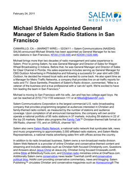 Michael Shields Appointed General Manager of Salem Radio Stations in San Francisco