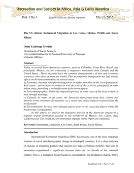 The US Citizens Retirement Migration to Los Cabos, Mexico. Profile and Social Effects