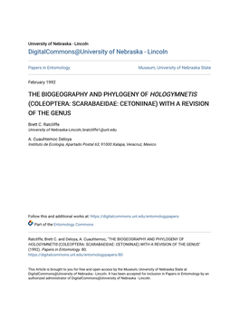 The Biogeography and Phylogeny of Hologymnetis (Coleoptera: Scarabaeidae: Cetoniinae) with a Revision of the Genus