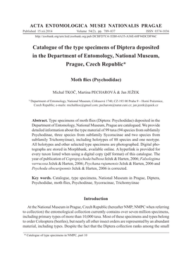 Catalogue of the Type Specimens of Diptera Deposited in the Department of Entomology, National Museum, Prague, Czech Republic*