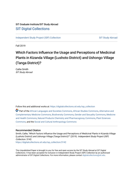 Which Factors Influence the Usage and Erp Ceptions of Medicinal Plants in Kizanda Village (Lushoto District) and Ushongo Village (Tanga District)?