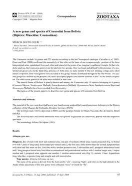 Zootaxa, a New Genus and Species of Coenosiini from Bolivia