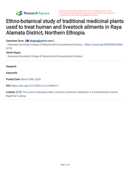 Ethno-Botanical Study of Traditional Medicinal Plants Used to Treat Human and Livestock Ailments in Raya Alamata District, Northern Ethiopia