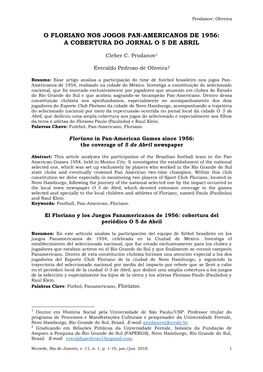 O Floriano Nos Jogos Pan-Americanos De 1956: a Cobertura Do Jornal O 5 De Abril