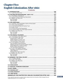 Chapter Five: English Colonization After 1660 C O Nt E Nt S 5.1 Introduction