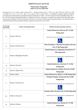 OBWIESZCZENIE Wójta Gminy Podegrodzie Z Dnia 12 Czerwca 2020 Roku