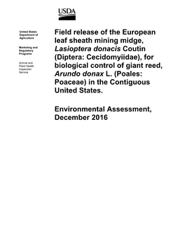 Diptera: Cecidomyiidae), for Animal and Plant Health Inspection Biological Control of Giant Reed, Service Arundo Donax L