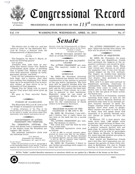 Congressional Record United States Th of America PROCEEDINGS and DEBATES of the 113 CONGRESS, FIRST SESSION