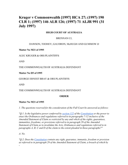 Kruger V Commonwealth [1997] HCA 27; (1997) 190 CLR 1; (1997) 146 ALR 126; (1997) 71 ALJR 991 (31 July 1997)