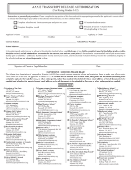 AAAIS TRANSCRIPT RELEASE AUTHORIZATION (For Rising Grades 1-12)