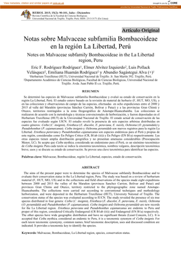 Notas Sobre Malvaceae Subfamilia Bombacoideae En La Región La Libertad, Perú Notes on Malvaceae Subfamily Bombacoideae in the La Libertad Region, Peru Eric F