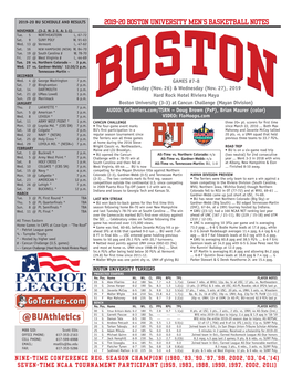 2019-20 Boston University Men's Basketball Notes