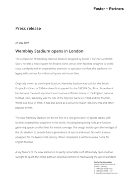 Press Release Wembley Stadium Opens in London