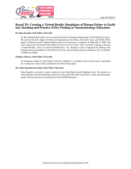 Board 29: Creating a Virtual Reality Simulation of Plasma Etcher to Facili- Tate Teaching and Practice of Dry Etching in Nanotechnology Education