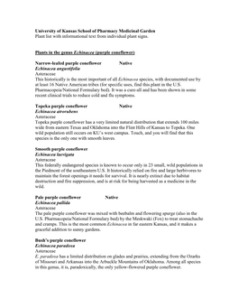 University of Kansas School of Pharmacy Medicinal Garden Plant List with Informational Text from Individual Plant Signs