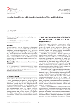 Introduction of Western Ideology During the Late Ming and Early Qing