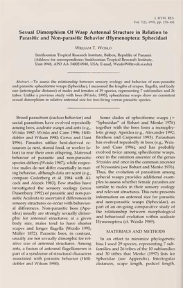 Sexual Dimorphism of Wasp Antennal Structure in Relation to Parasitic and Non-Parasitic Behavior (Hymenoptera: Sphecidae)