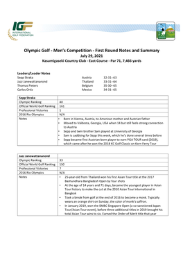 Olympic Golf - Men’S Competition - First Round Notes and Summary July 29, 2021 Kasumigaseki Country Club - East Course - Par 71, 7,466 Yards